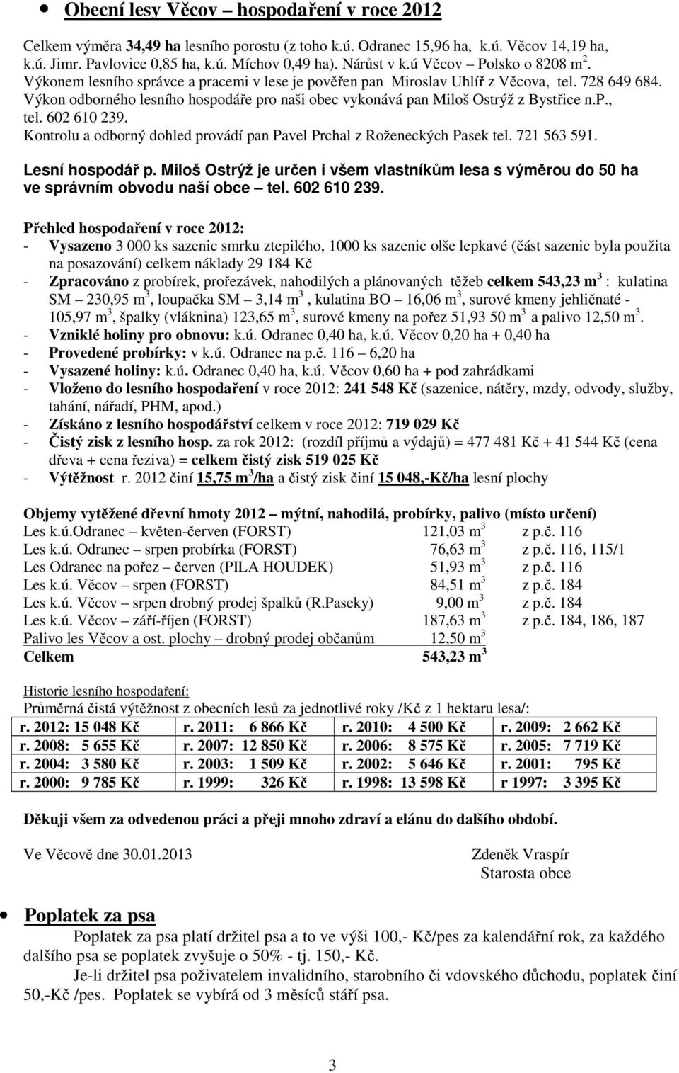 Výkon odborného lesního hospodáře pro naši obec vykonává pan Miloš Ostrýž z Bystřice n.p., tel. 602 610 239. Kontrolu a odborný dohled provádí pan Pavel Prchal z Roženeckých Pasek tel. 721 563 591.