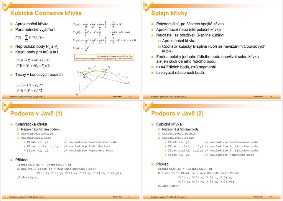 q' P Polomálí, po čásech spoá řv Apromčí ebo erpolčí řv Nečsě se používí B-sple ub: Apromčí řv Coosův ubcý B-sple (voří se vázáím Coosových ub Změ poloh edoho řídícího bodu eovlví celou řvu, le e