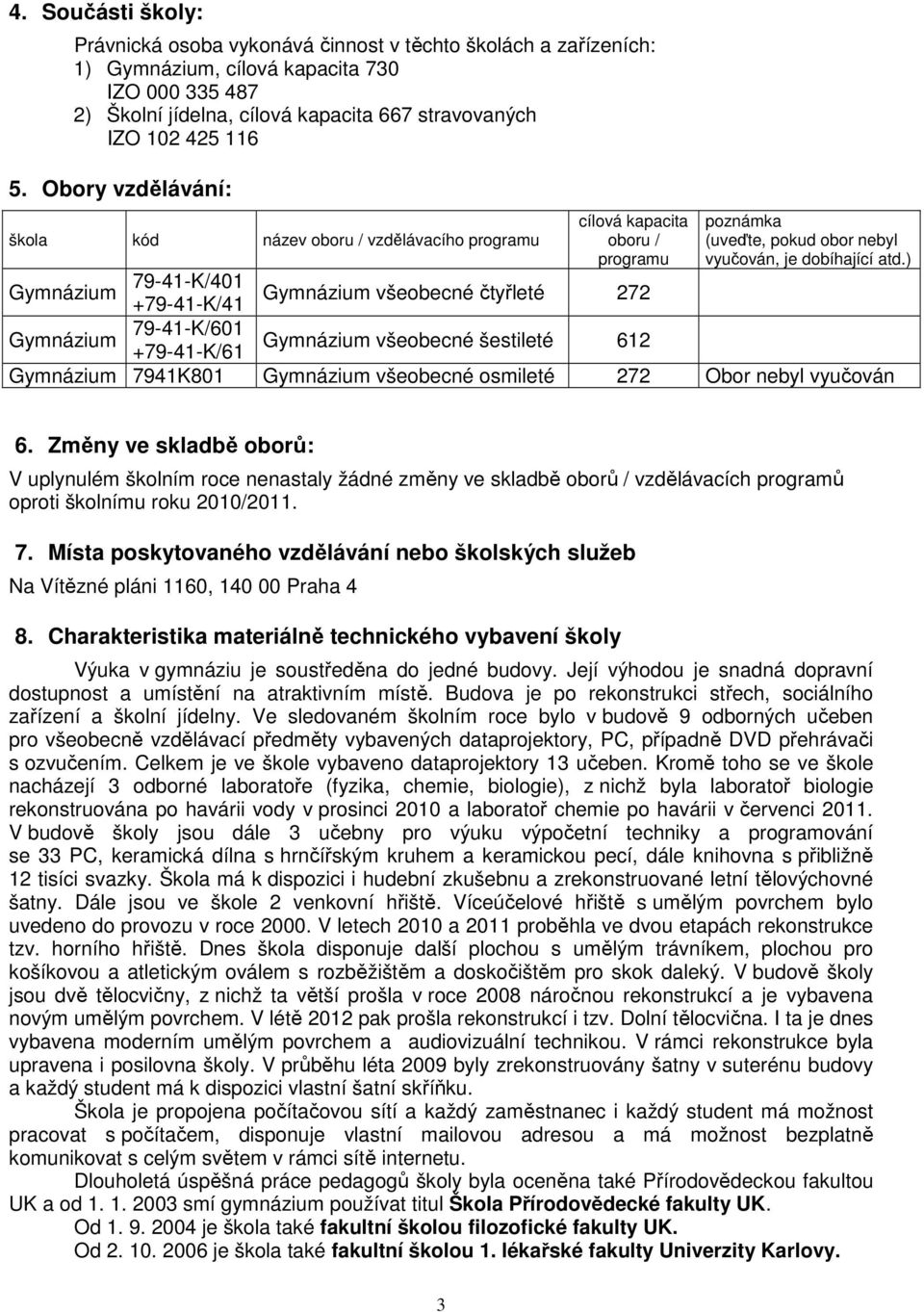 Obory vzdělávání: škola kód název oboru / vzdělávacího programu Gymnázium 79-41-K/401 +79-41-K/41 Gymnázium 79-41-K/601 +79-41-K/61 cílová kapacita oboru / programu Gymnázium všeobecné čtyřleté 272