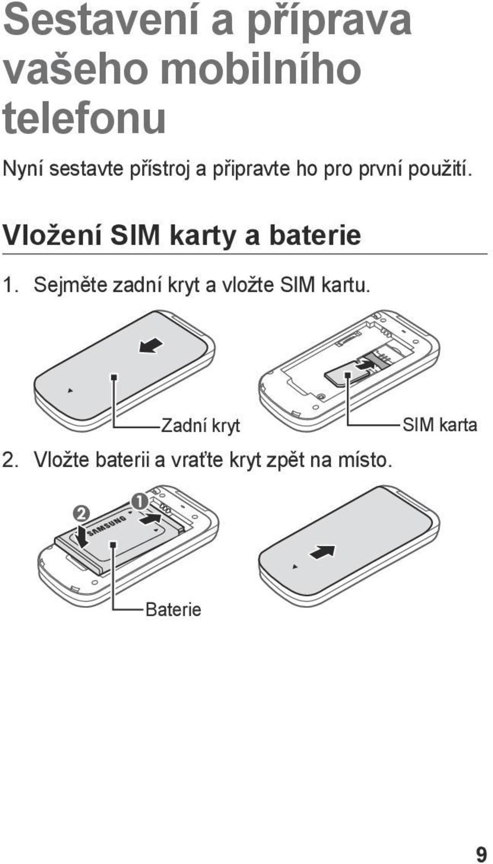 Vložení SIM karty a baterie 1.