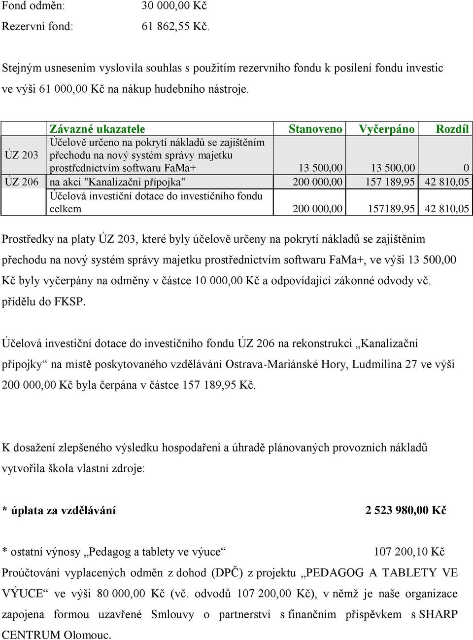 na akci "Kanalizační přípojka" 200 000,00 157 189,95 42 810,05 Účelová investiční dotace do investičního fondu celkem 200 000,00 157189,95 42 810,05 Prostředky na platy ÚZ 203, které byly účelově