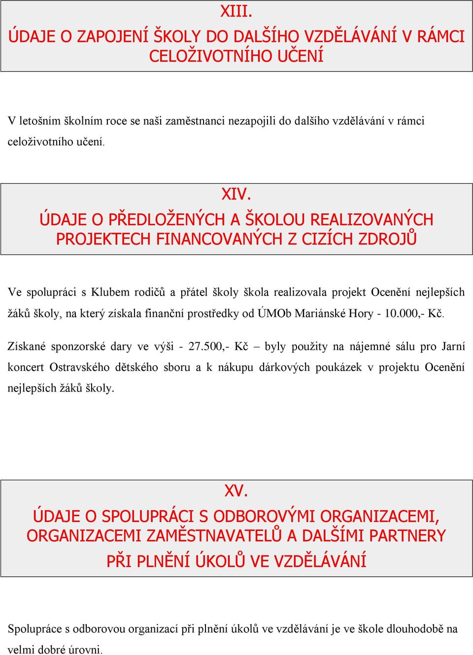 získala finanční prostředky od ÚMOb Mariánské Hory - 10.000,- Kč. Získané sponzorské dary ve výši - 27.