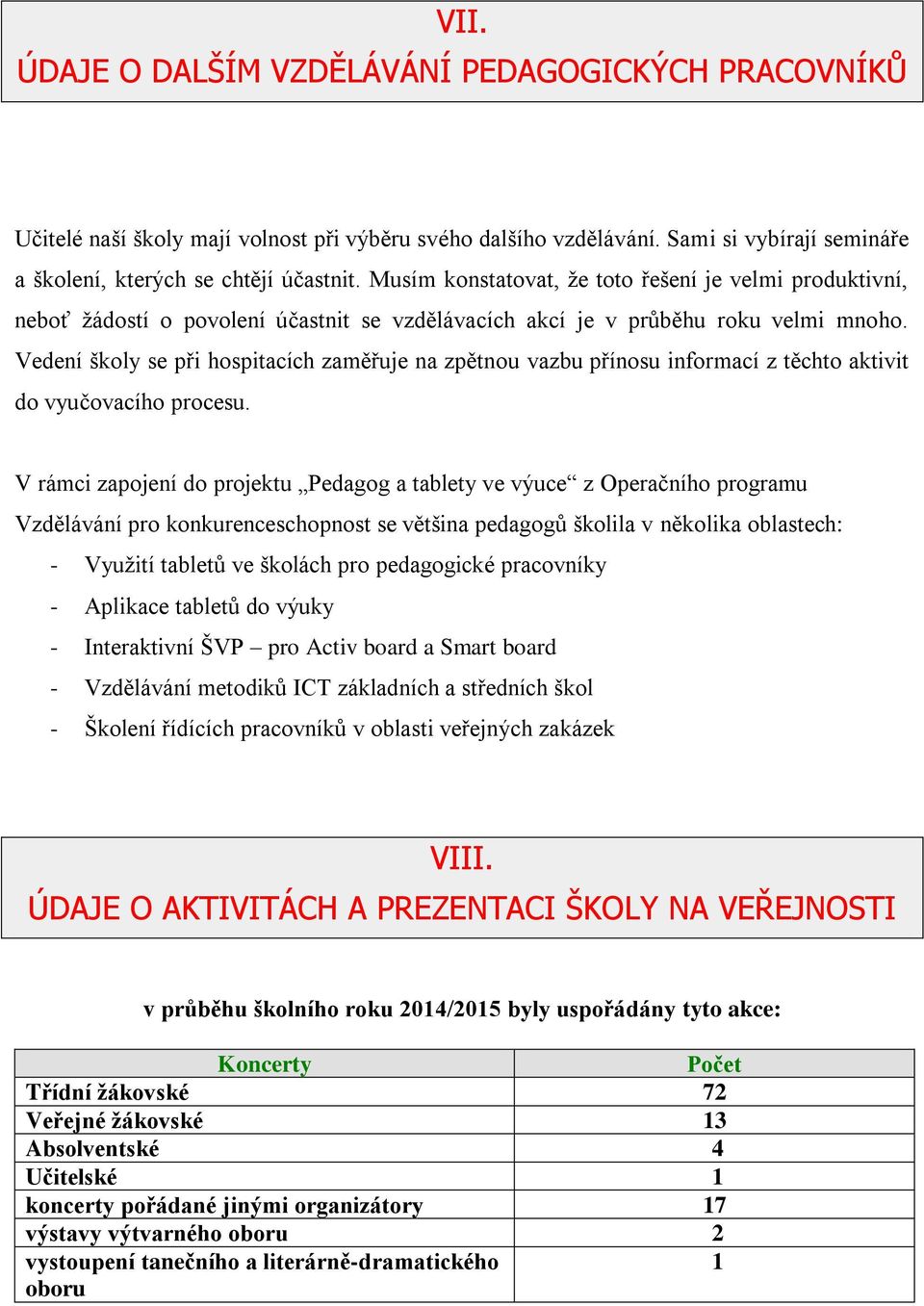 Vedení školy se při hospitacích zaměřuje na zpětnou vazbu přínosu informací z těchto aktivit do vyučovacího procesu.