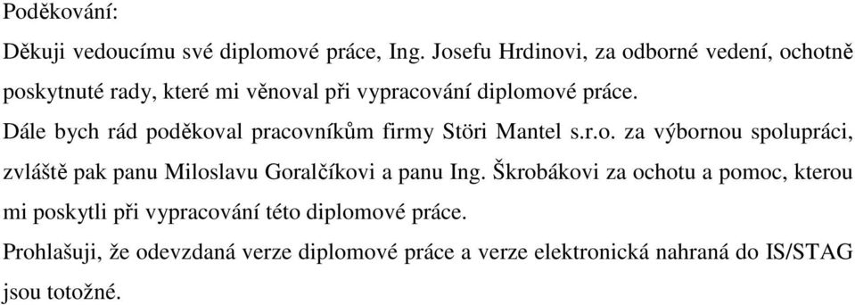 Dále bych rád poděkoval pracovníkům firmy Störi Mantel s.r.o. za výbornou spolupráci, zvláště pak panu Miloslavu Goralčíkovi a panu Ing.