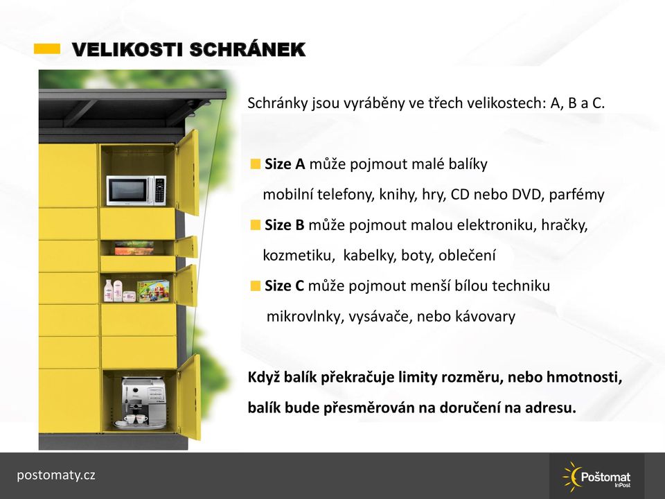 malou elektroniku, hračky, kozmetiku, kabelky, boty, oblečení Size C může pojmout menší bílou techniku