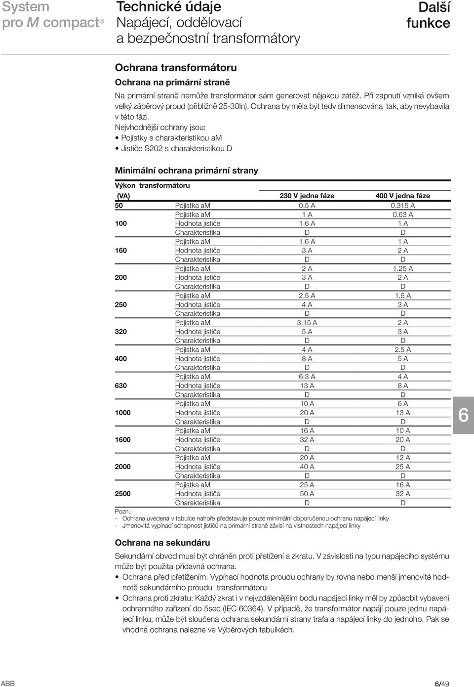 Nejvhodnější ochrany jsou: Pojistky s charakteristikou am Jističe S202 s charakteristikou D Minimální ochrana primární strany Výkon transformátoru (VA) 230 V jedna fáze 400 V jedna fáze 50 Pojistka