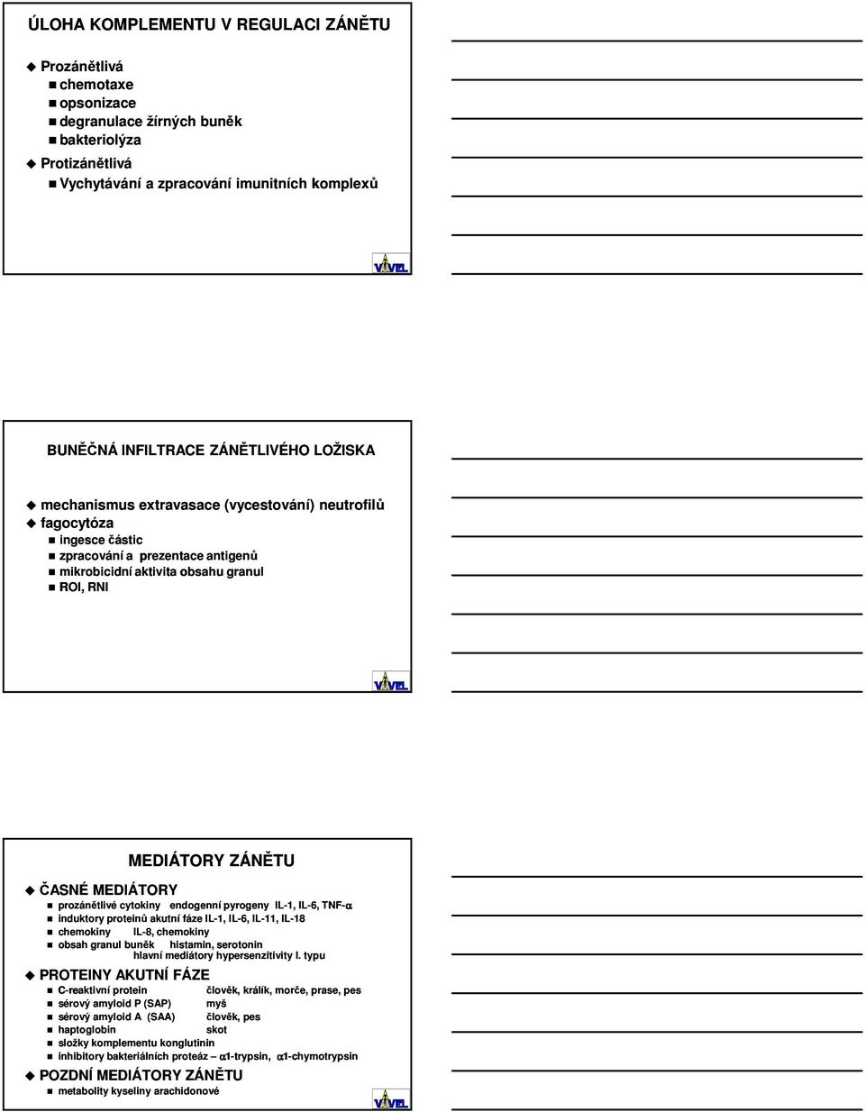 prozánětlivé cytokiny endogenní pyrogeny IL-1, IL-6, TNF-α induktory proteinů akutní fáze IL-1, IL-6, IL-11, IL-18 chemokiny IL-8, chemokiny obsah granul buněk histamin, serotonin hlavní mediátory