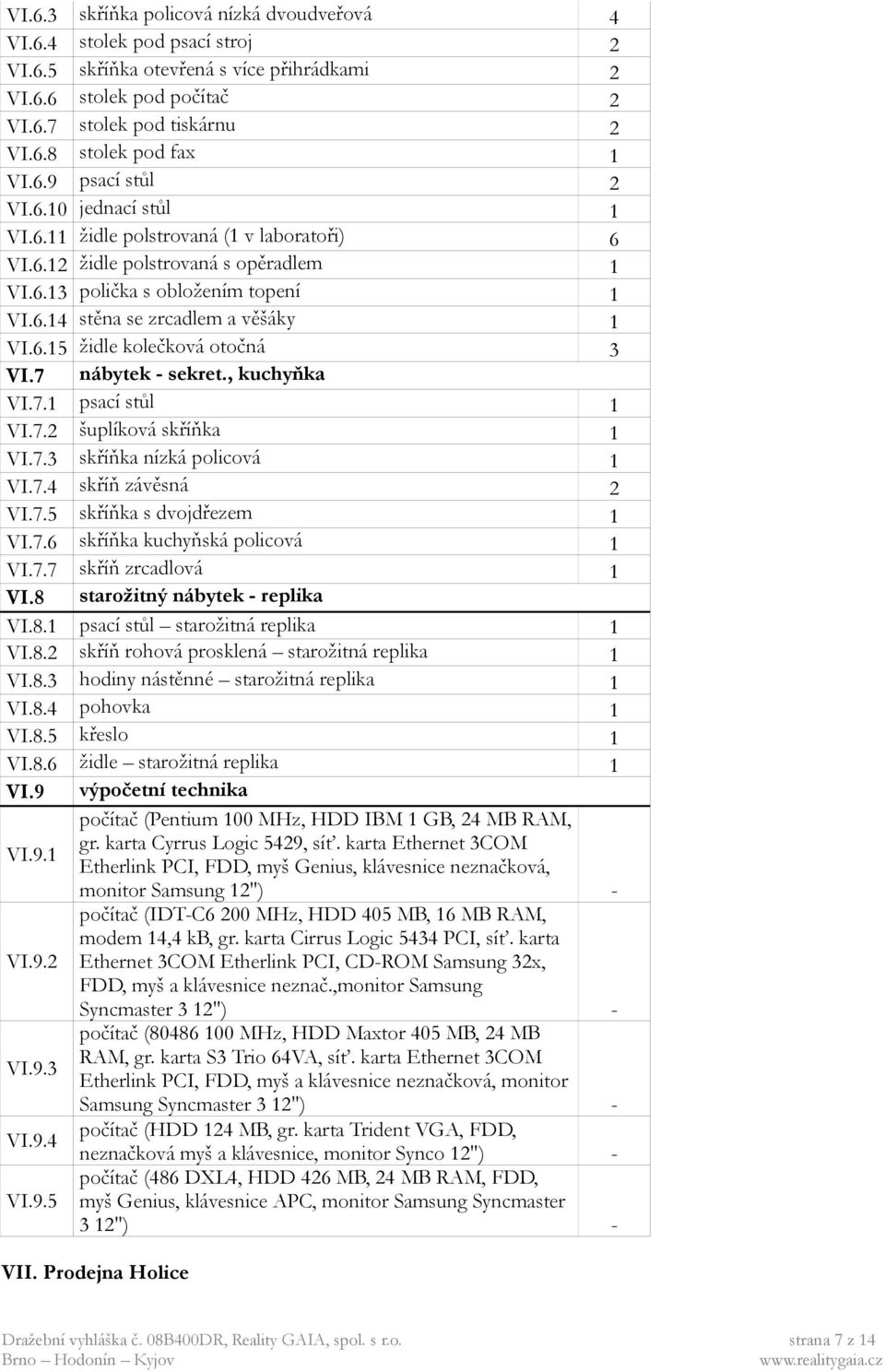 6.15 židle kolečková otočná 3 VI.7 nábytek - sekret., kuchyňka VI.7.1 psací stůl 1 VI.7.2 šuplíková skříňka 1 VI.7.3 skříňka nízká policová 1 VI.7.4 skříň závěsná 2 VI.7.5 skříňka s dvojdřezem 1 VI.7.6 skříňka kuchyňská policová 1 VI.