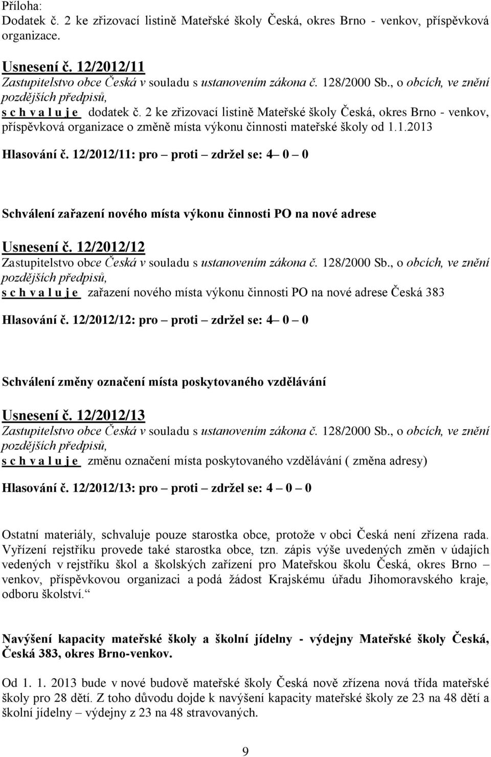 12/2012/11: pro proti zdržel se: 4 0 0 Schválení zařazení nového místa výkonu činnosti PO na nové adrese Usnesení č.