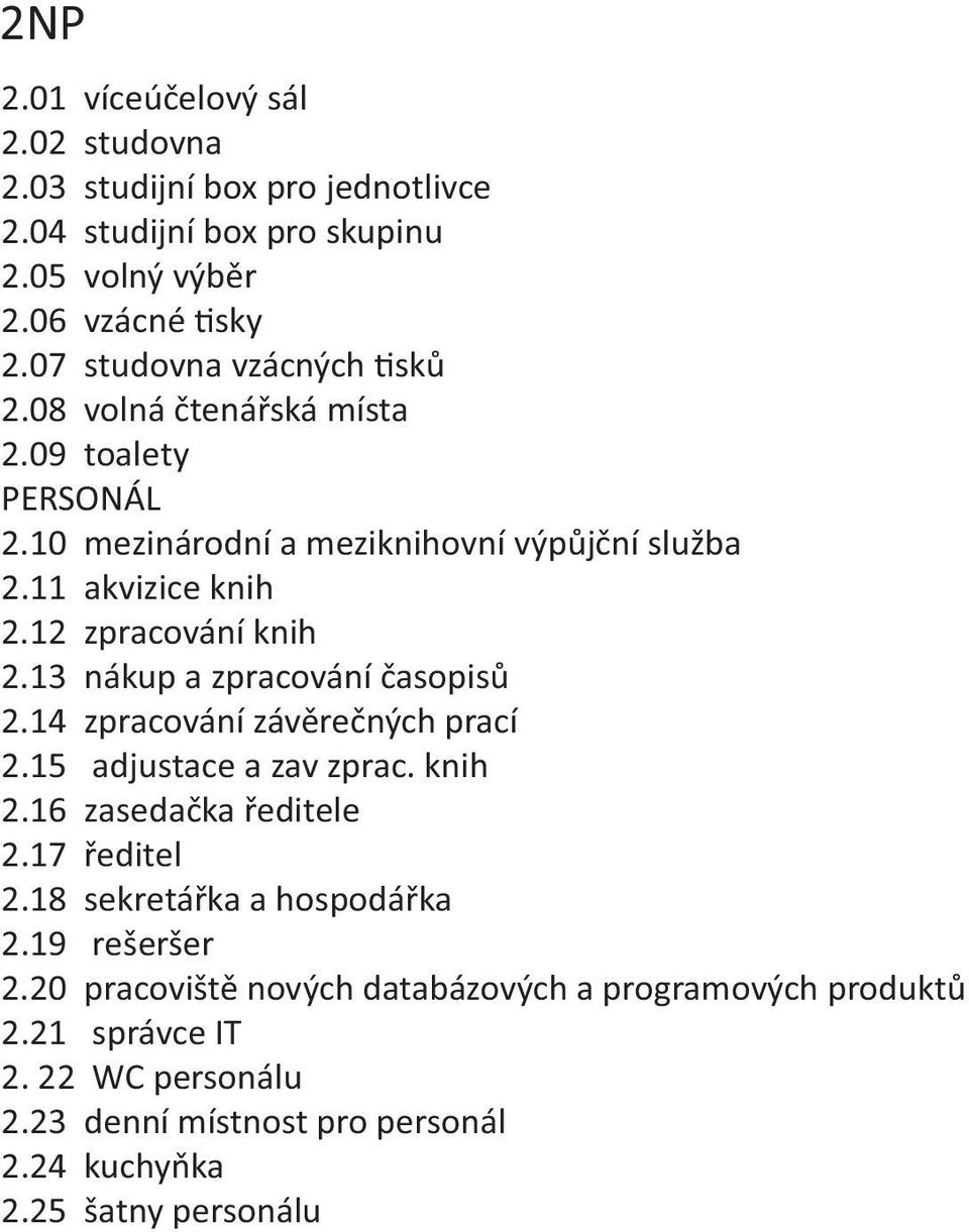 12 zpracování knih 2.13 nákup a zpracování časopisů 2.14 zpracování závěrečných prací 2.15 adjustace a zav zprac. knih 2.16 zasedačka ředitele 2.17 ředitel 2.