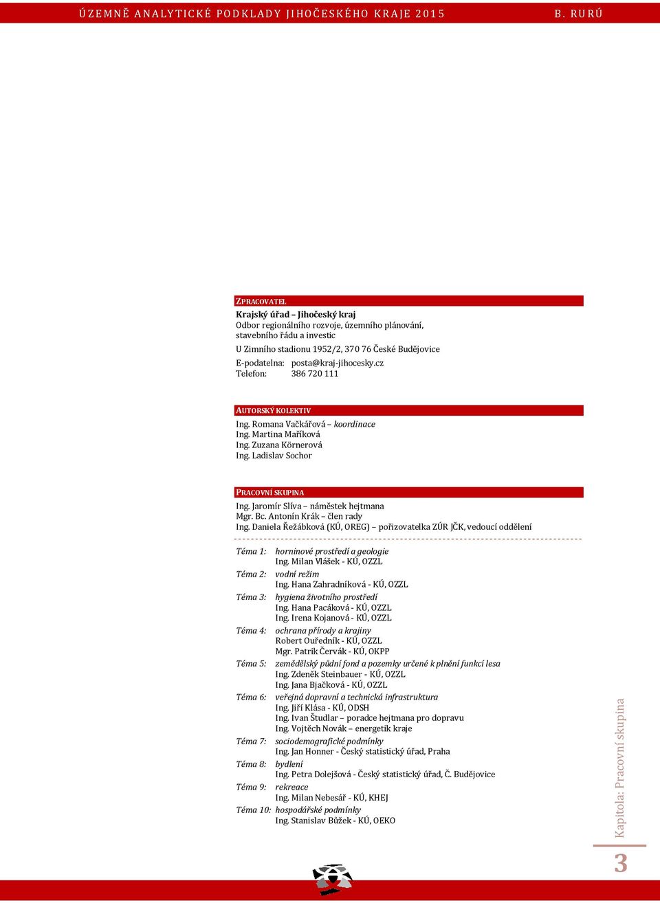 Bc. Antonín Krák člen rady Ing. Daniela Řežábková (KÚ, OREG) pořizovatelka ZÚR JČK, vedoucí oddělení Téma 1: horninové prostředí a geologie Ing. Milan Vlášek - KÚ, OZZL Téma 2: vodní režim Ing.