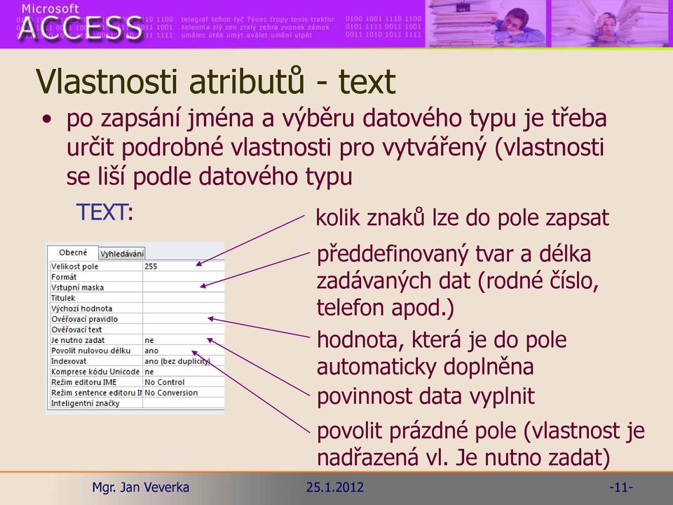 zapsat předdefinovaný tvar a délka zadávaných dat (rodné číslo, telefon apod.