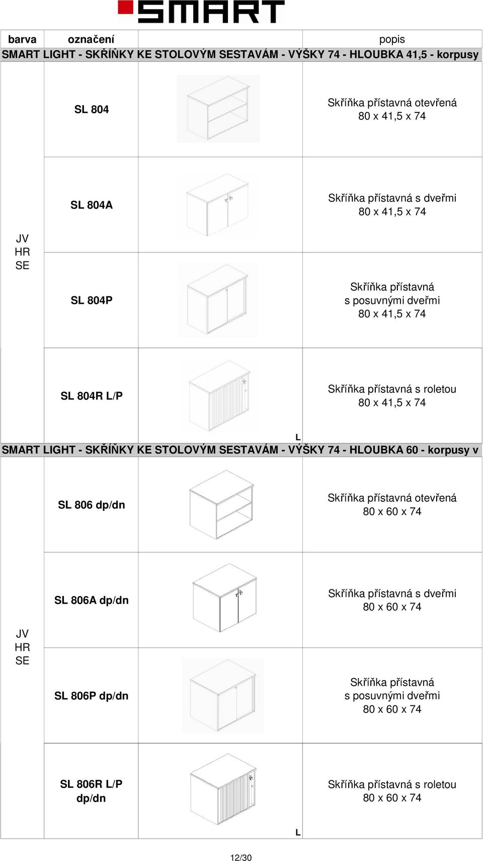 SMART IGHT - SKŘÍŇKY KE STOOVÝM STAVÁM - VÝŠKY 74 - HOUBKA 60 - korpusy v barv S 806 dp/dn Skříňka přístavná otevřená 80 x 60 x 74 S 806A dp/dn