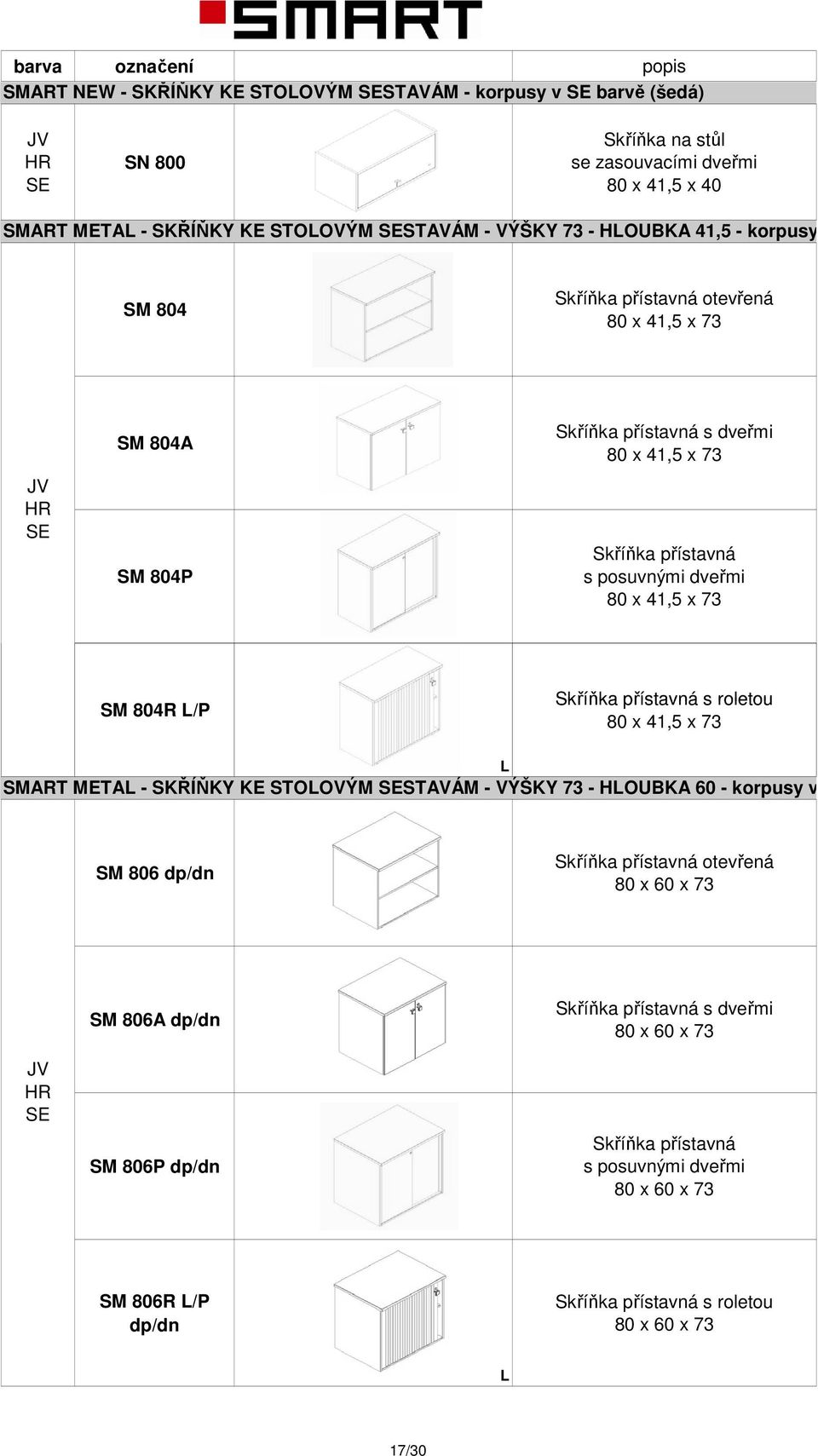 SM 804R /P Skříňka přístavná s roletou 80 x 41,5 x 73 SMART META - SKŘÍŇKY KE STOOVÝM STAVÁM - VÝŠKY 73 - HOUBKA 60 - korpusy v barv SM 806 dp/dn Skříňka přístavná otevřená 80 x 60 x