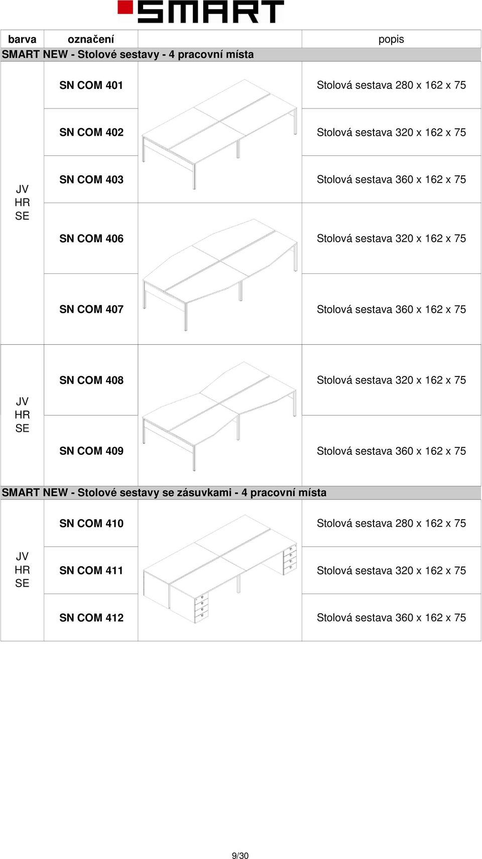 COM 408 320 x 162 x 75 SN COM 409 360 x 162 x 75 SMART NEW - Stolové sestavy se zásuvkami -