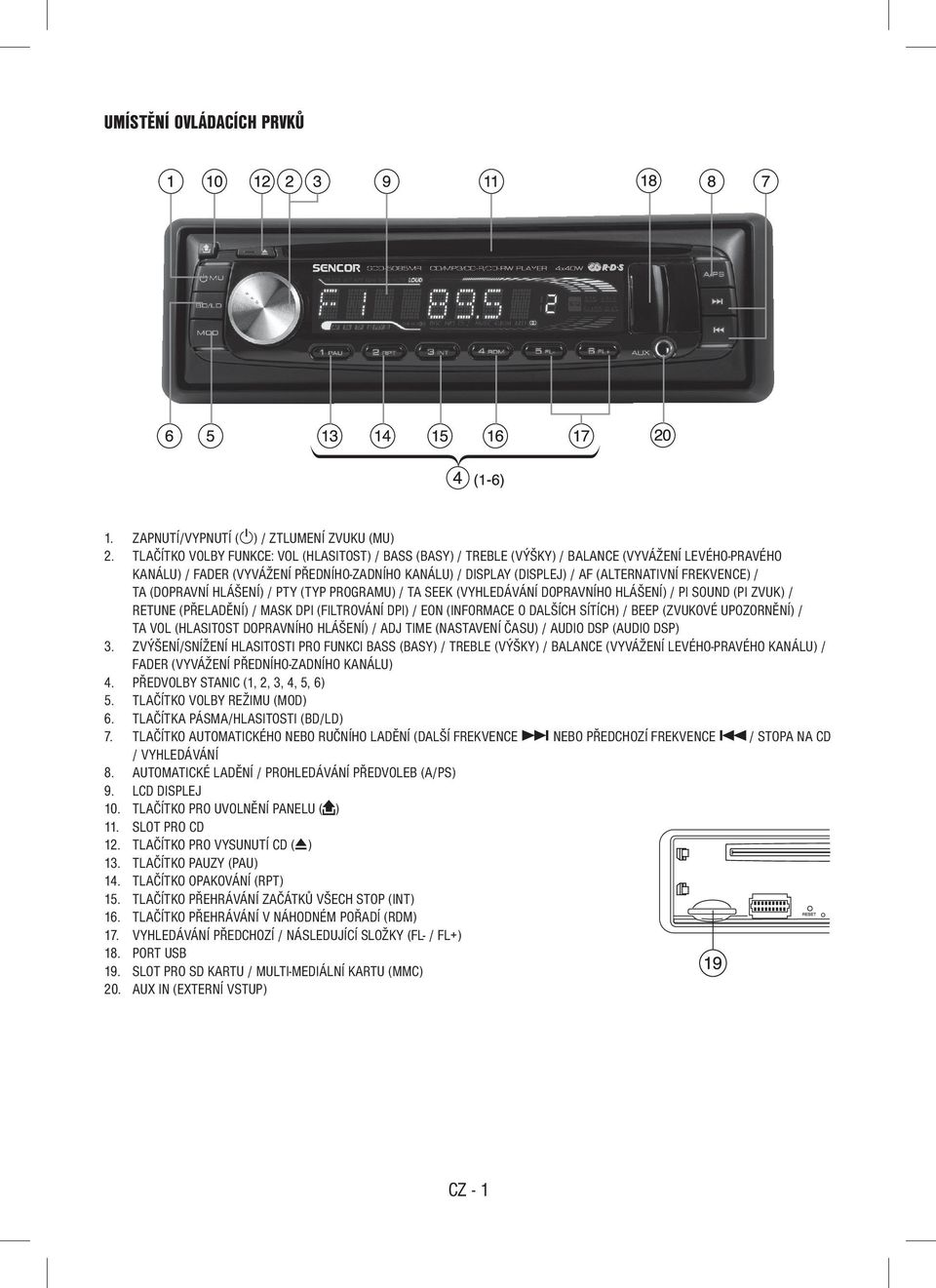 FREKVENCE) / TA (DOPRAVNÍ HLÁŠENÍ) / PTY (TYP PROGRAMU) / TA SEEK (VYHLEDÁVÁNÍ DOPRAVNÍHO HLÁŠENÍ) / PI SOUND (PI ZVUK) / RETUNE (PŘELADĚNÍ) / MASK DPI (FILTROVÁNÍ DPI) / EON (INFORMACE O DALŠÍCH