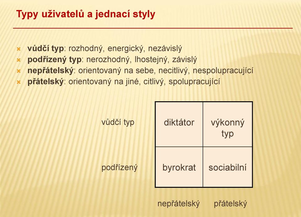 necitlivý, nespolupracující přátelský: orientovaný na jiné, citlivý,