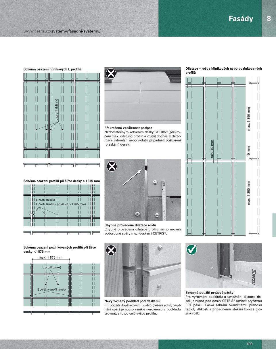 3 350 mm 10 mm Schéma osazení profilů při šířce desky >1 875 mm L profil (hliník) L profil (zinek při délce >1 875 mm) max.