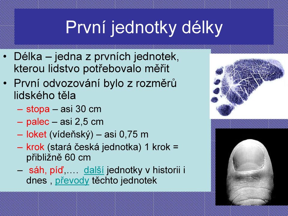 cm palec asi 2,5 cm loket (vídeňský) asi 0,75 m krok (stará česká jednotka) 1