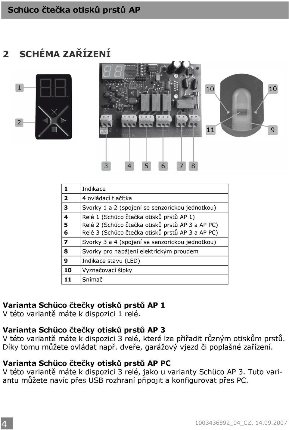 Varianta Schüco čtečky otisků prstů AP 1 V této variantě máte k dispozici 1 relé.