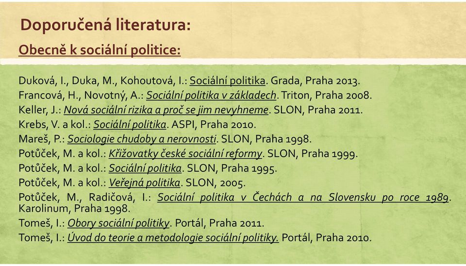 SLON, Praha 1998. Potůček, M. a kol.: Křižovatky české sociální reformy. SLON, Praha 1999. Potůček, M. a kol.: Sociální politika. SLON, Praha 1995. Potůček, M. a kol.: Veřejná politika. SLON, 2005.