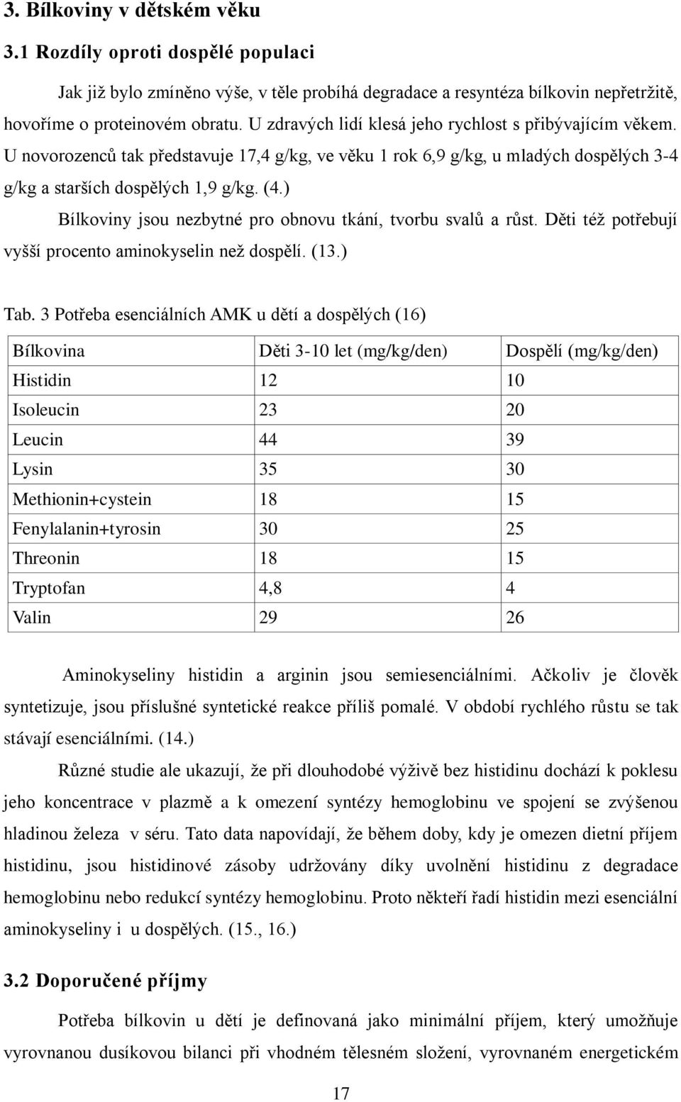 ) Bílkoviny jsou nezbytné pro obnovu tkání, tvorbu svalů a růst. Děti též potřebují vyšší procento aminokyselin než dospělí. (13.) Tab.