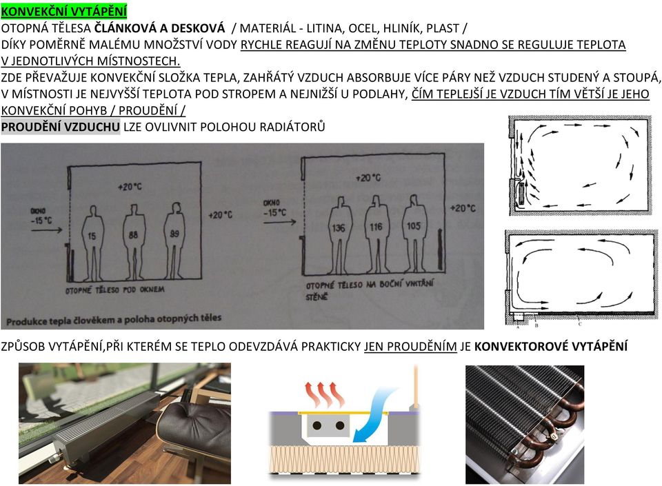 ZDE PŘEVAŽUJE KONVEKČNÍ SLOŽKA TEPLA, ZAHŘÁTÝ VZDUCH ABSORBUJE VÍCE PÁRY NEŽ VZDUCH STUDENÝ A STOUPÁ, V MÍSTNOSTI JE NEJVYŠŠÍ TEPLOTA POD STROPEM A