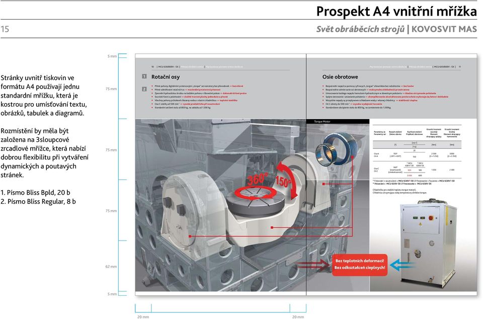 75 mm 1 2 Rotační osy Přímé pohony digitálními prstencovými torque servomotory bez převodovek bezvůlové Přímé odměřování rotačních os maximální prostorová přesnost Zpevnění hydraulickou brzdou na