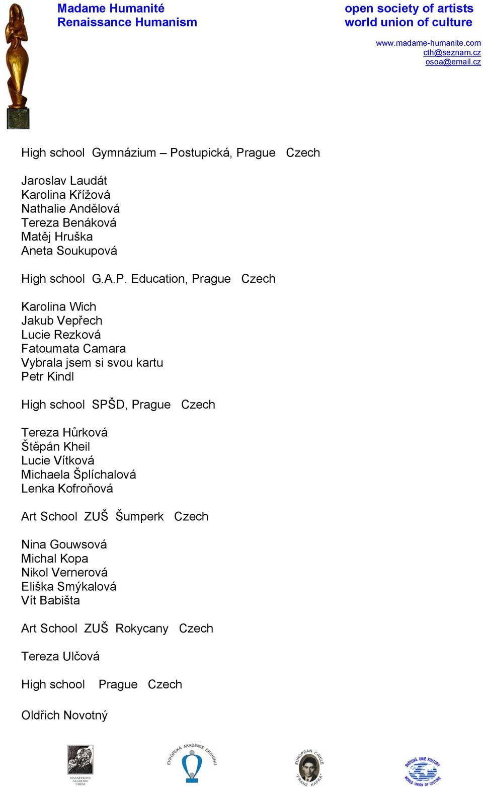 Education, Prague Czech Karolina Wich Jakub Vepřech Lucie Rezková Fatoumata Camara Vybrala jsem si svou kartu Petr Kindl High school SPŠD,