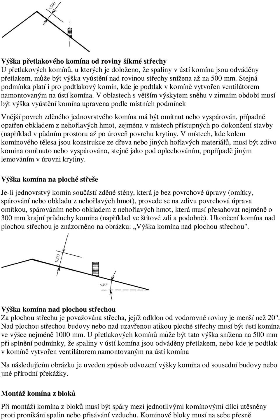 V oblastech s vtším výskytem snhu v zimním období musí být výška vyústní komína upravena podle místních podmínek Vnjší povrch zdného jednovrstvého komína má být omítnut nebo vyspárován, pípadn opaten