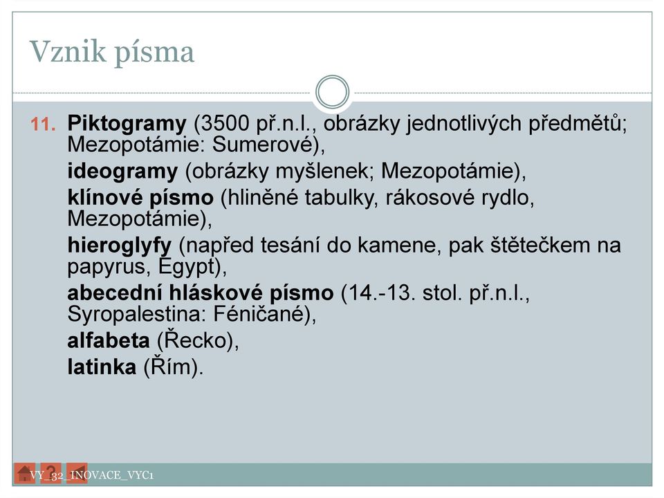 Mezopotámie), klínové písmo(hliněné tabulky, rákosové rydlo, Mezopotámie), hieroglyfy(napřed