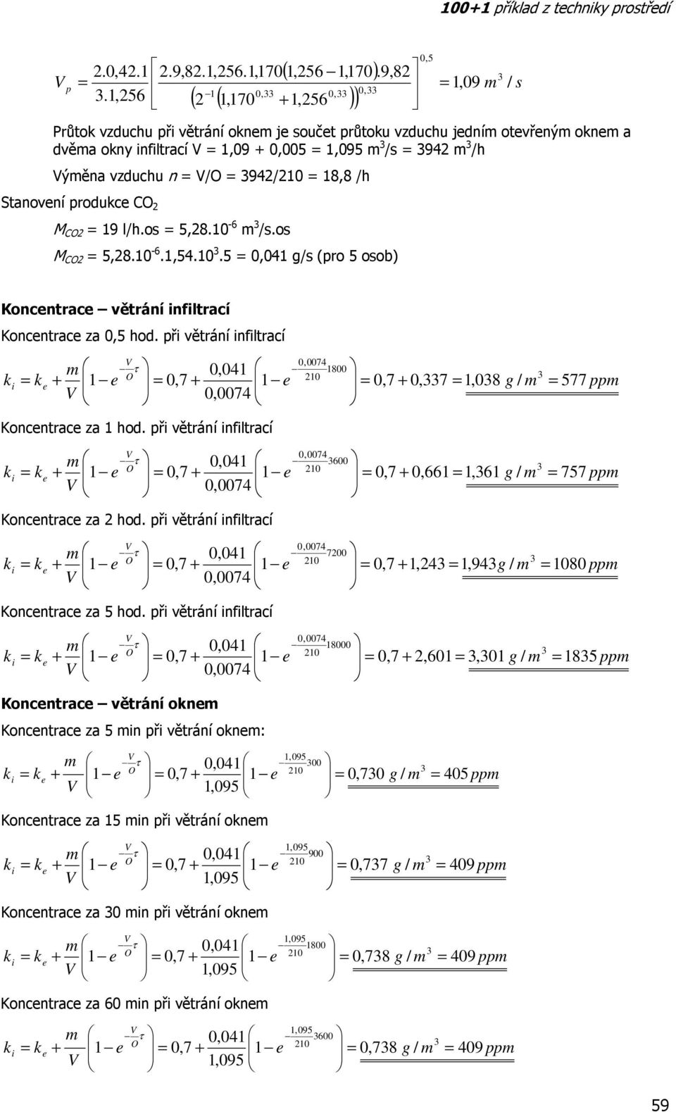 18,8 /h Stanovení produkce C M C = 19 l/h.os = 5,8.10-6 m /s.os M C = 5,8.10-6.1,54.10.5 = 0,041 g/s (pro 5 osob) 0,5 Koncentrace větrání infiltrací Koncentrace za 0,5 hod.