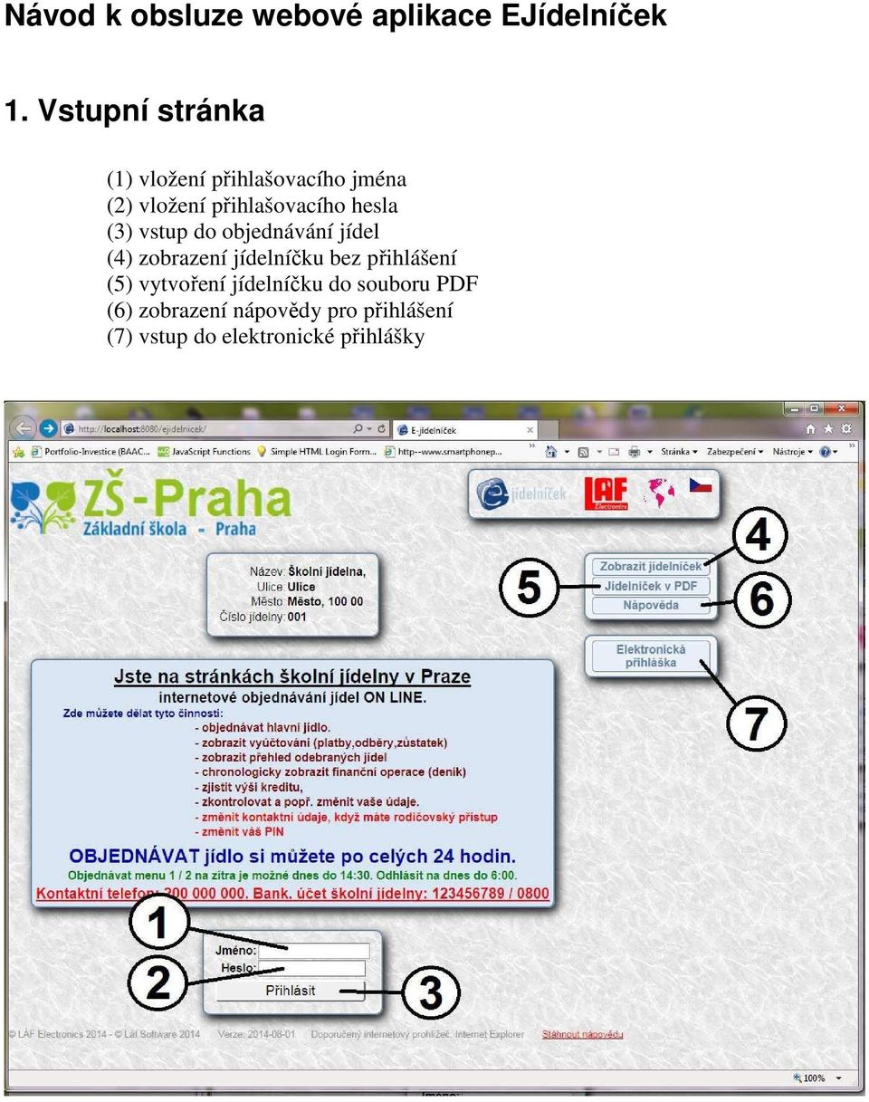 hesla (3) vstup do objednávání jídel (4) zobrazení jídelníčku bez přihlášení