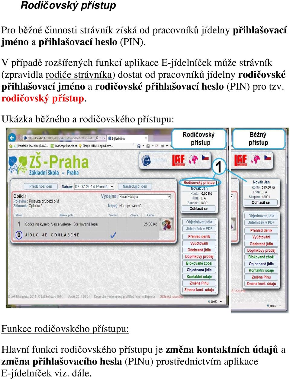 přihlašovací jméno a rodičovské přihlašovací heslo (PIN) pro tzv. rodičovský přístup.