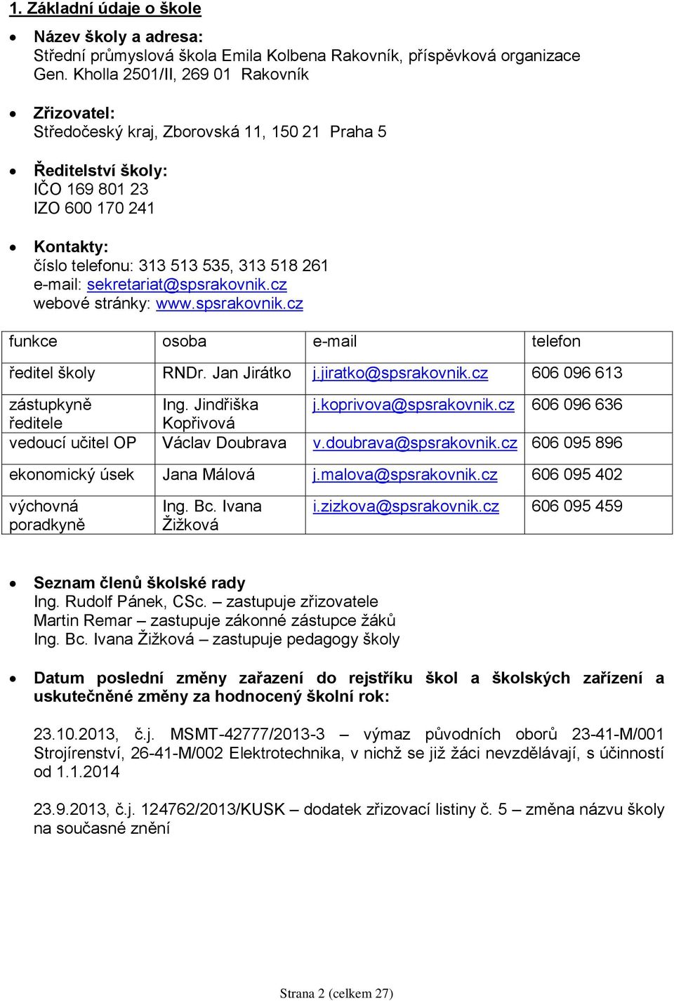 sekretariat@spsrakovnik.cz webové stránky: www.spsrakovnik.cz funkce osoba e-mail telefon ředitel školy RNDr. Jan Jirátko j.jiratko@spsrakovnik.cz 606 096 613 zástupkyně Ing. Jindřiška j.