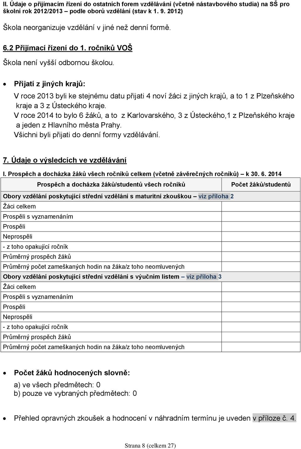 Přijatí z jiných krajů: V roce 2013 byli ke stejnému datu přijati 4 noví žáci z jiných krajů, a to 1 z Plzeňského kraje a 3 z Ústeckého kraje.