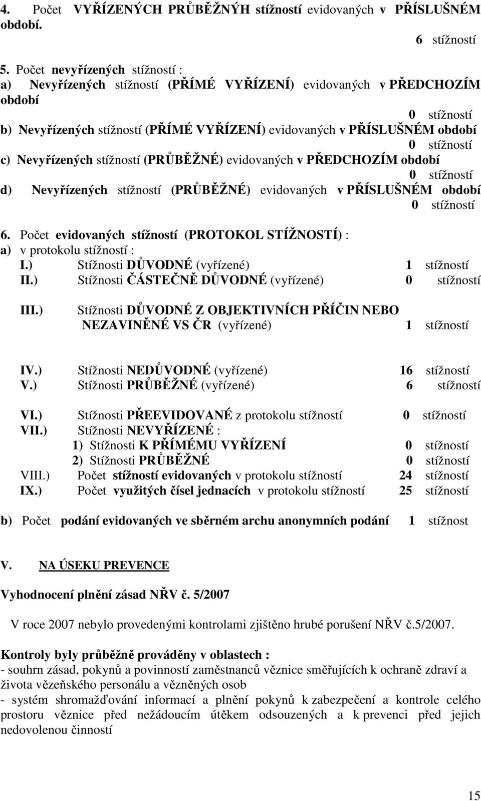 stížností c) Nevyřízených stížností (PRŮBĚŽNÉ) evidovaných v PŘEDCHOZÍM období 0 stížností d) Nevyřízených stížností (PRŮBĚŽNÉ) evidovaných v PŘÍSLUŠNÉM období 0 stížností 6.