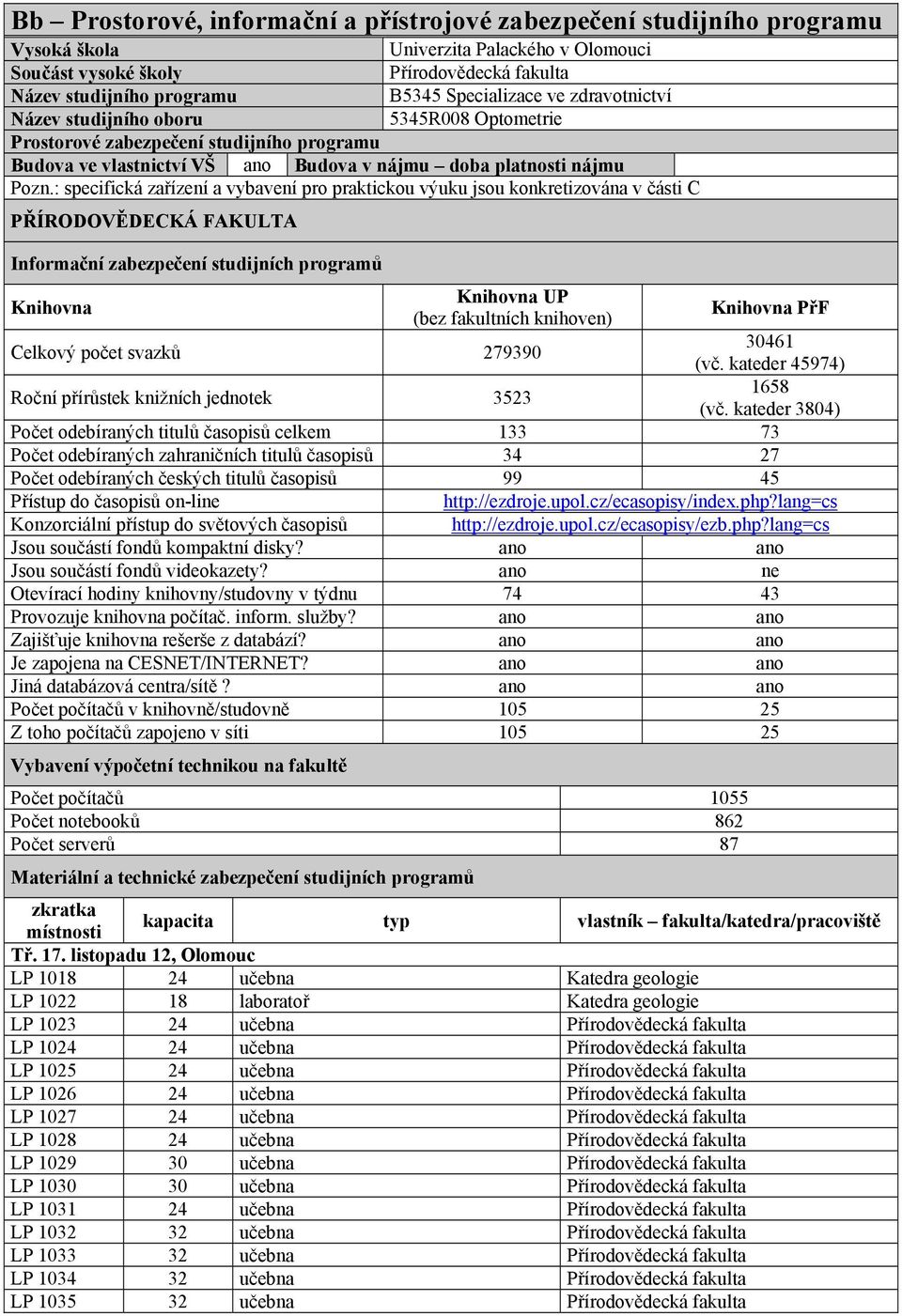 : specifická zařízení a vybavení pro praktickou výuku jsou konkretizována v části C PŘÍRODOVĚDECKÁ FAKULTA Informační zabezpečení studijních programů Knihovna Knihovna UP (bez fakultních knihoven)