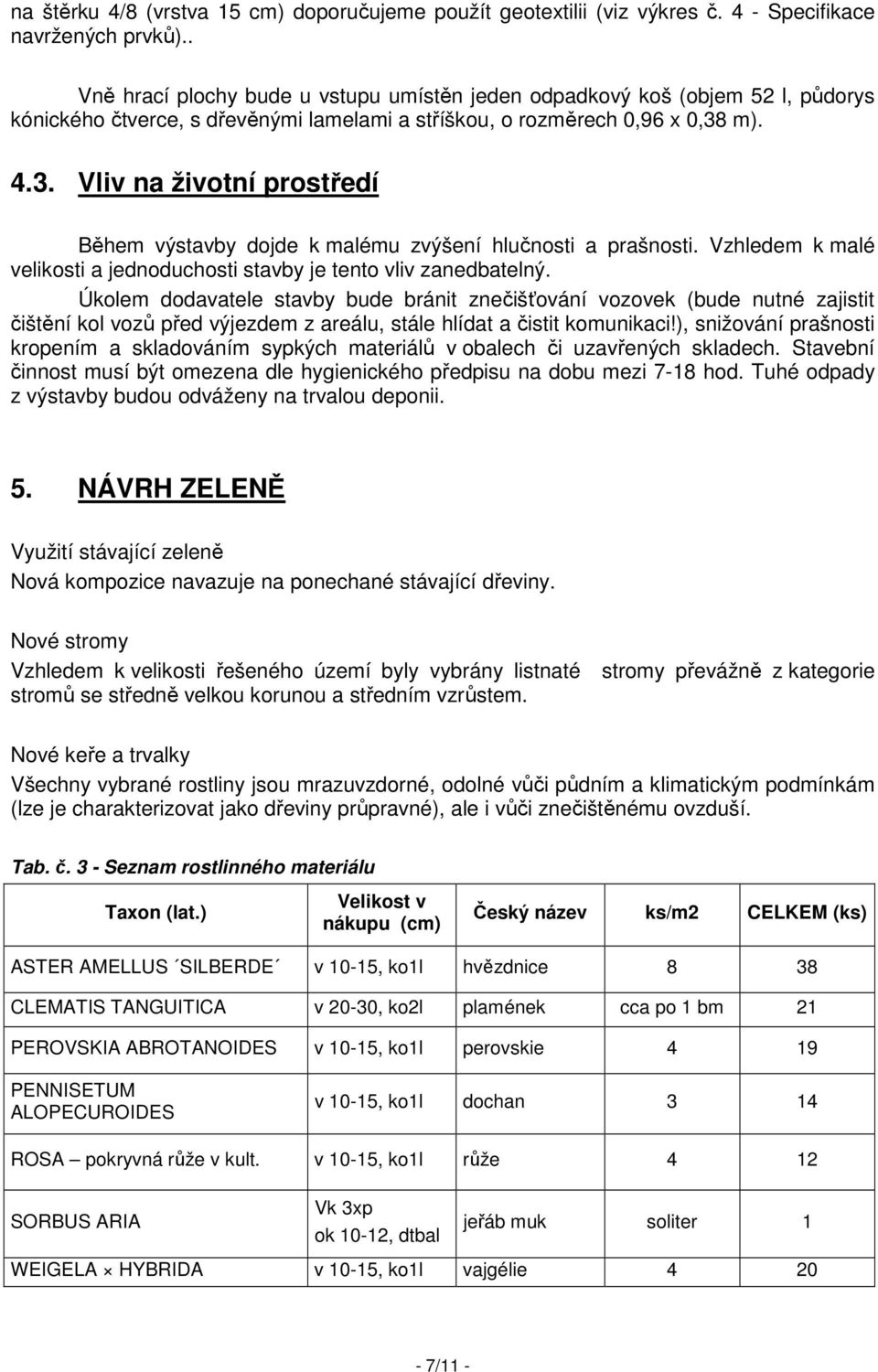 m). 4.3. Vliv na životní prostředí Během výstavby dojde k malému zvýšení hlučnosti a prašnosti. Vzhledem k malé velikosti a jednoduchosti stavby je tento vliv zanedbatelný.