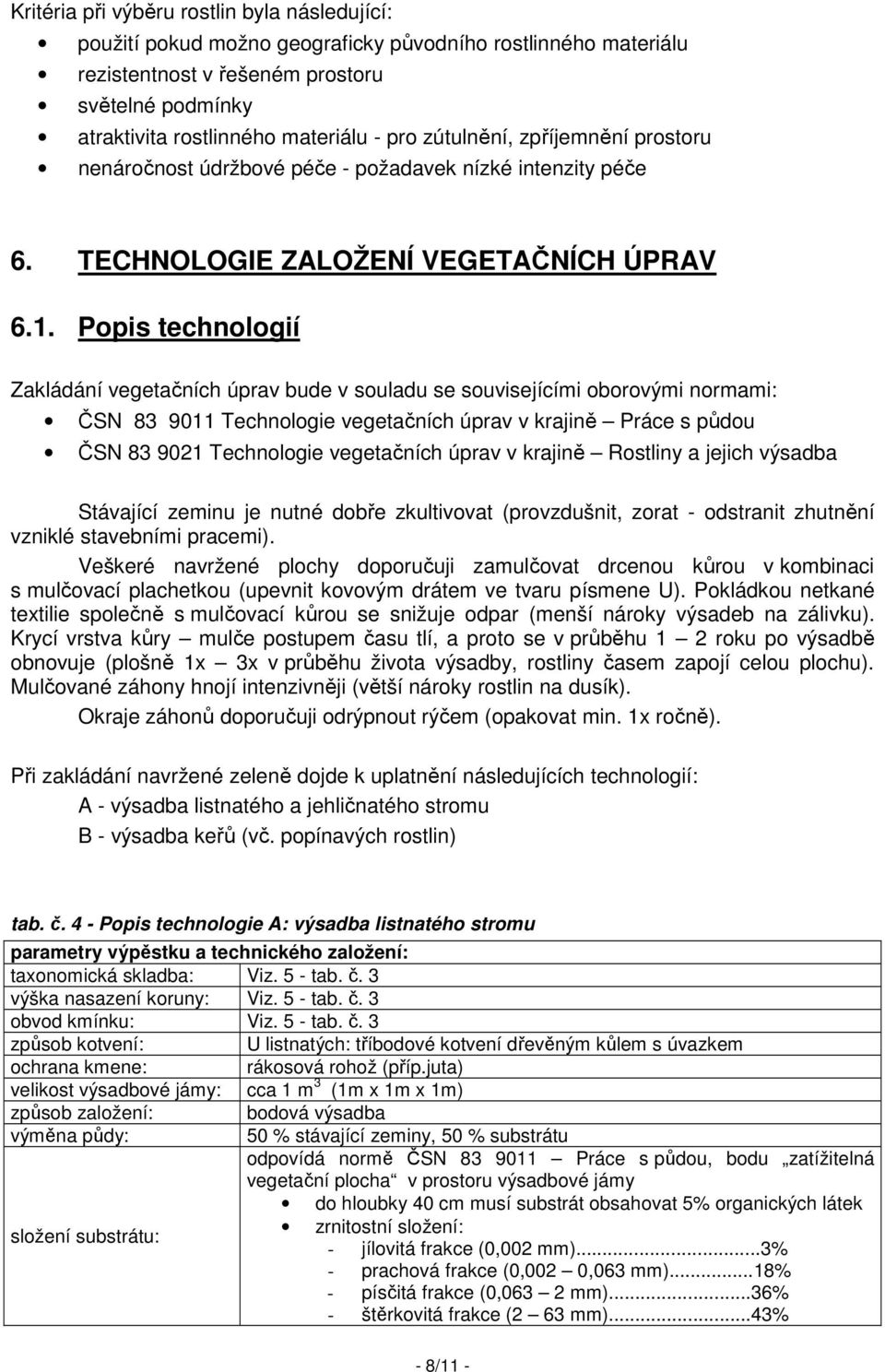 Popis technologií Zakládání vegetačních úprav bude v souladu se souvisejícími oborovými normami: ČSN 83 9011 Technologie vegetačních úprav v krajině Práce s půdou ČSN 83 9021 Technologie vegetačních