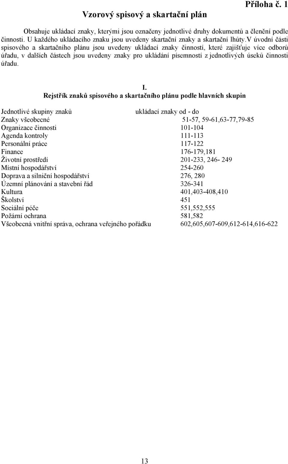 v úvodní části spisového a skartačního plánu jsou uvedeny ukládací znaky činností, které zajišťuje více odborů úřadu, v dalších částech jsou uvedeny znaky pro ukládání písemností z jednotlivých úseků