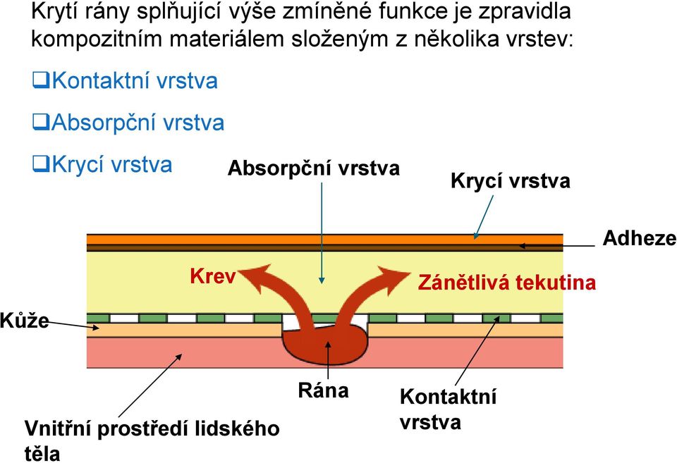 vrstva Krycí vrstva Absorpční vrstva Krycí vrstva Adheze Kůže Krev