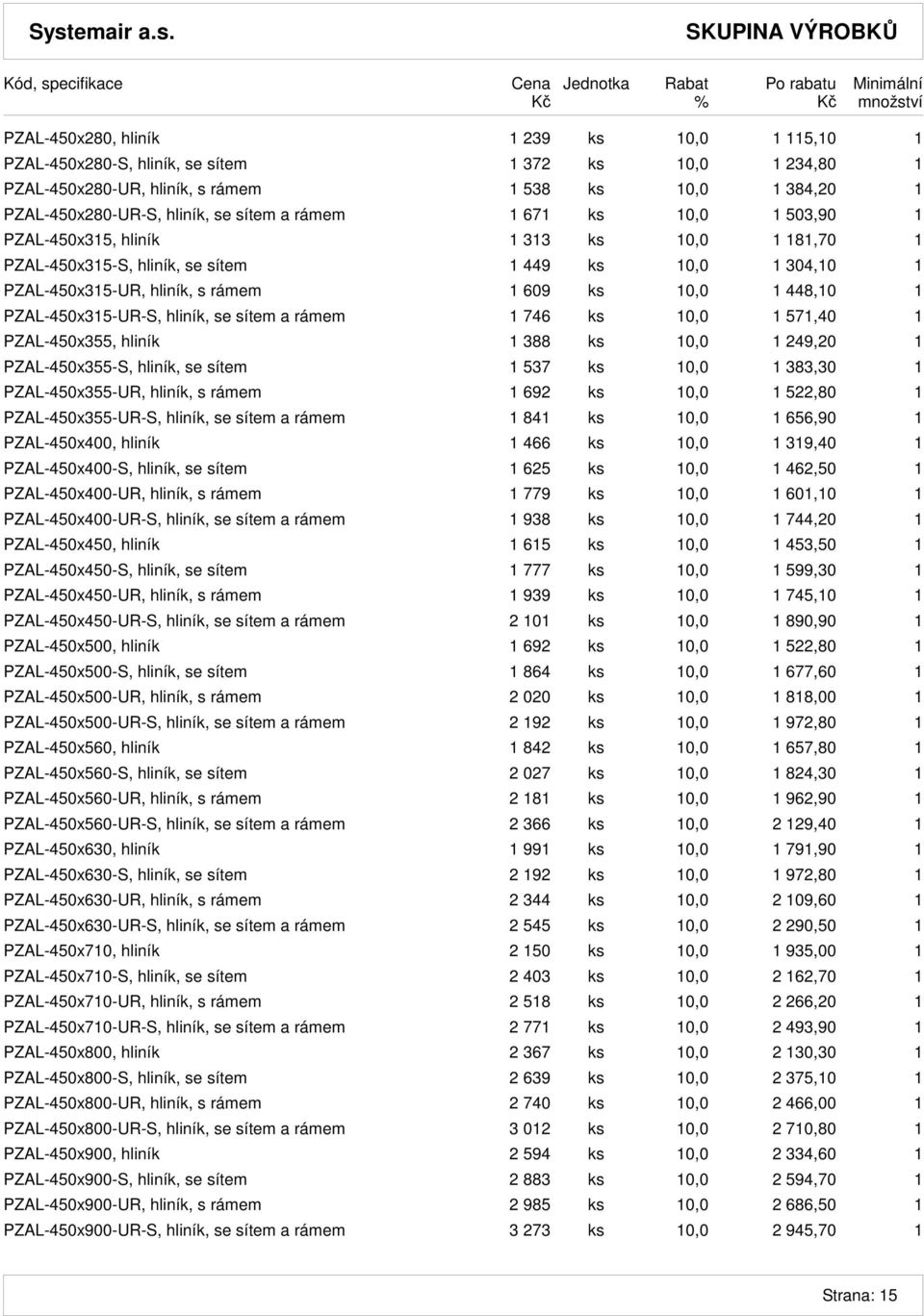 PZAL-450x315-UR-S, hliník, se sítem a rámem 1 746 ks 10,0 1 571,40 1 PZAL-450x355, hliník 1 388 ks 10,0 1 249,20 1 PZAL-450x355-S, hliník, se sítem 1 537 ks 10,0 1 383,30 1 PZAL-450x355-UR, hliník, s