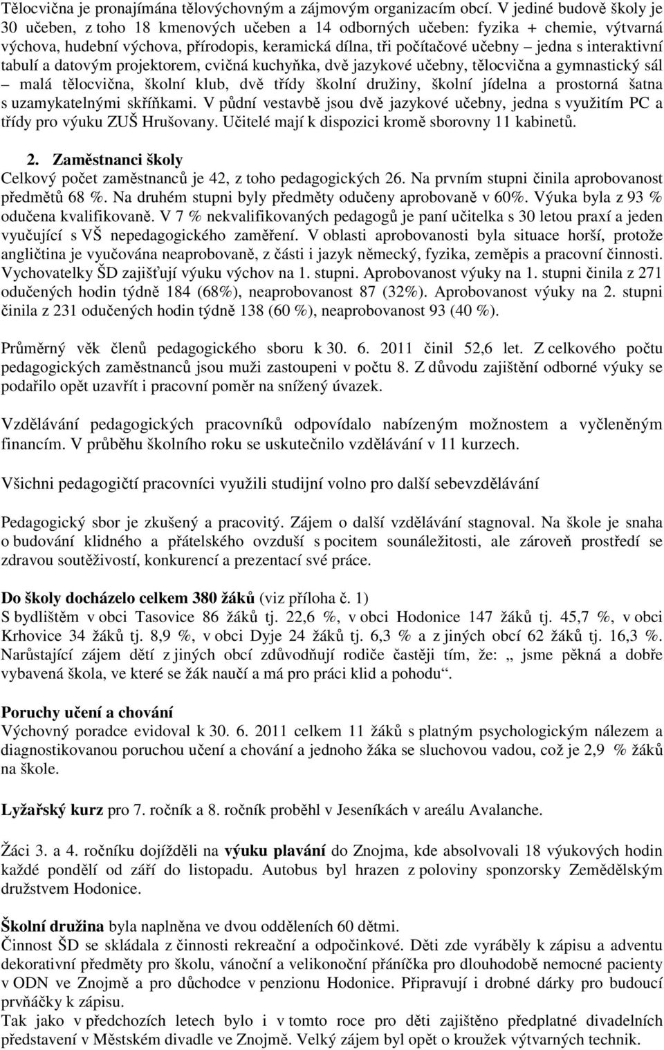 interaktivní tabulí a datovým projektorem, cvičná kuchyňka, dvě jazykové učebny, tělocvična a gymnastický sál malá tělocvična, školní klub, dvě třídy školní družiny, školní jídelna a prostorná šatna