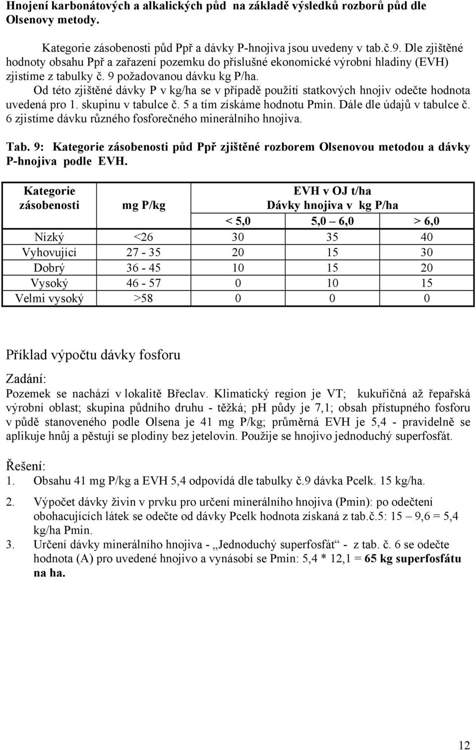 Od této zjištěné dávky P v kg/ha se v případě použití statkových hnojiv odečte hodnota uvedená pro 1. skupinu v tabulce č. 5 a tím získáme hodnotu Pmin. Dále dle údajů v tabulce č.