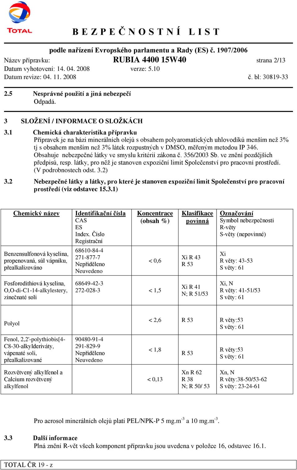 346. Obsahuje nebezpečné látky ve smyslu kritérií zákona č. 356/2003 Sb. ve znění pozdějších předpisů, resp. látky, pro něž je stanoven expoziční limit Společenství pro pracovní prostředí.