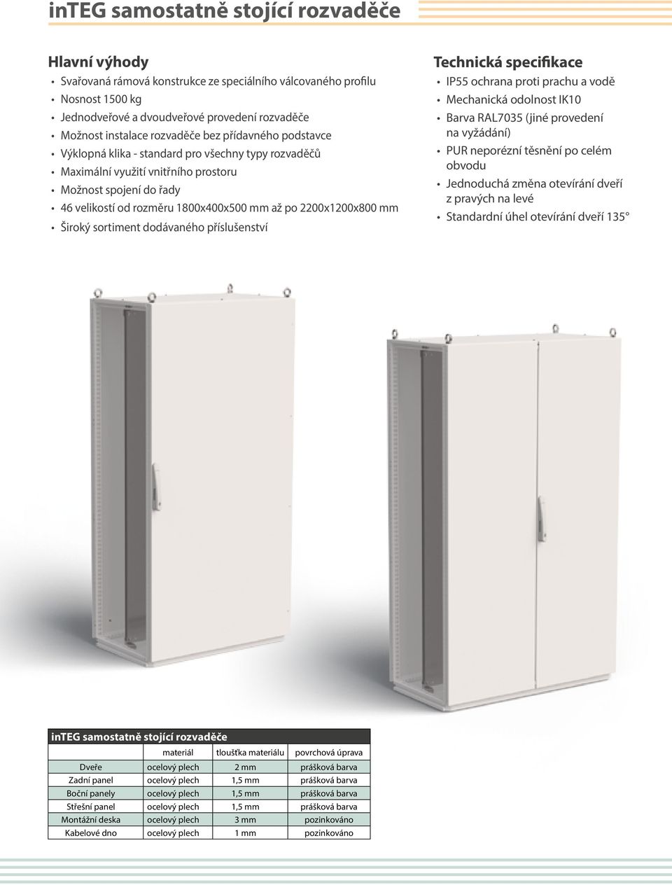 2200x1200x800 mm Široký sortiment dodávaného příslušenství Technická specifikace IP55 ochrana proti prachu a vodě Mechanická odolnost IK10 Barva RAL7035 (jiné provedení na vyžádání) PUR neporézní