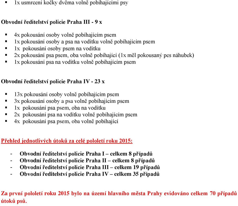 x 13x pokousání osoby volně pobíhajícím psem 3x pokousání osoby a psa volně pobíhajícím psem 1x pokousání psa psem, oba na vodítku 2x pokousání psa na vodítku volně pobíhajícím psem 4x pokousání psa