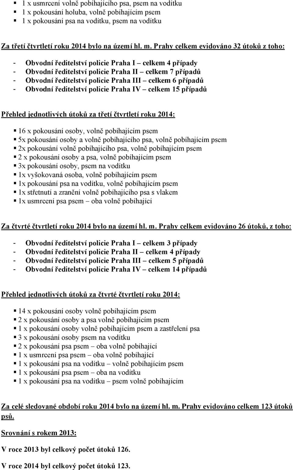 případů - Obvodní ředitelství policie Praha IV celkem 15 případů Přehled jednotlivých útoků za třetí čtvrtletí roku 2014: 16 x pokousání osoby, volně pobíhajícím psem 5x pokousání osoby a volně