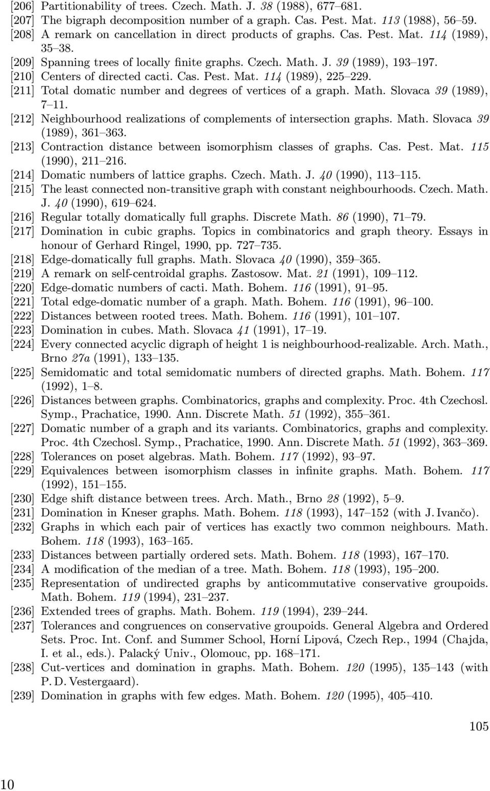 [210] Centers of directed cacti. Cas. Pest. Mat. 114 (1989), 225 229. [211] Total domatic number and degrees of vertices of a graph. Math. Slovaca 39 (1989), 7 11.